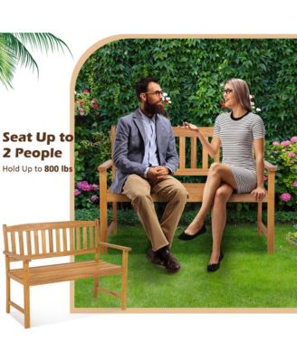 Patio Acacia Wood Bench 2-Person Slatted Seat Backrest