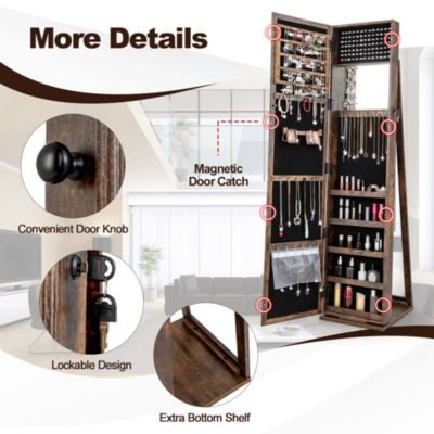 Mirrored Jewelry Cabinet Armoire Lockable Standing Storage Organizer with Shelf
