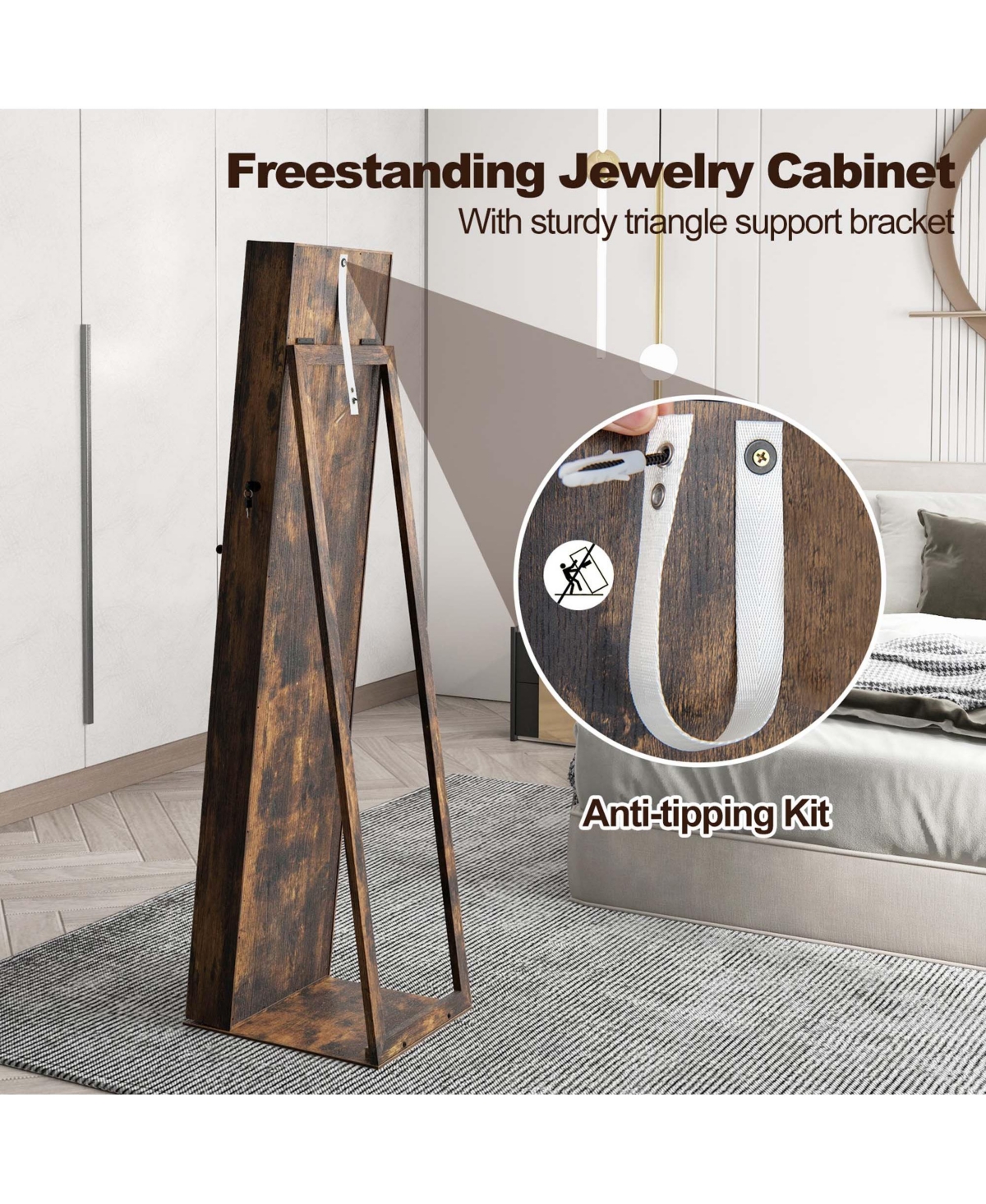 Costway Mirrored Jewelry Cabinet Armoire Lockable Standing Storage Organizer with Shelf