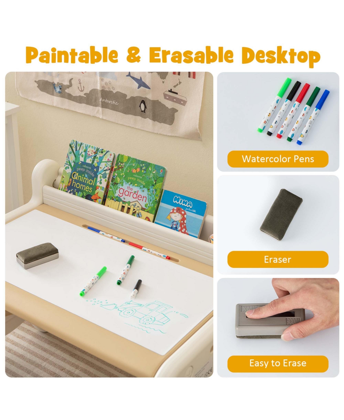 Costway Kids Drawing Table & Chair Set for Reading Playing with Pens & Blackboard Eraser