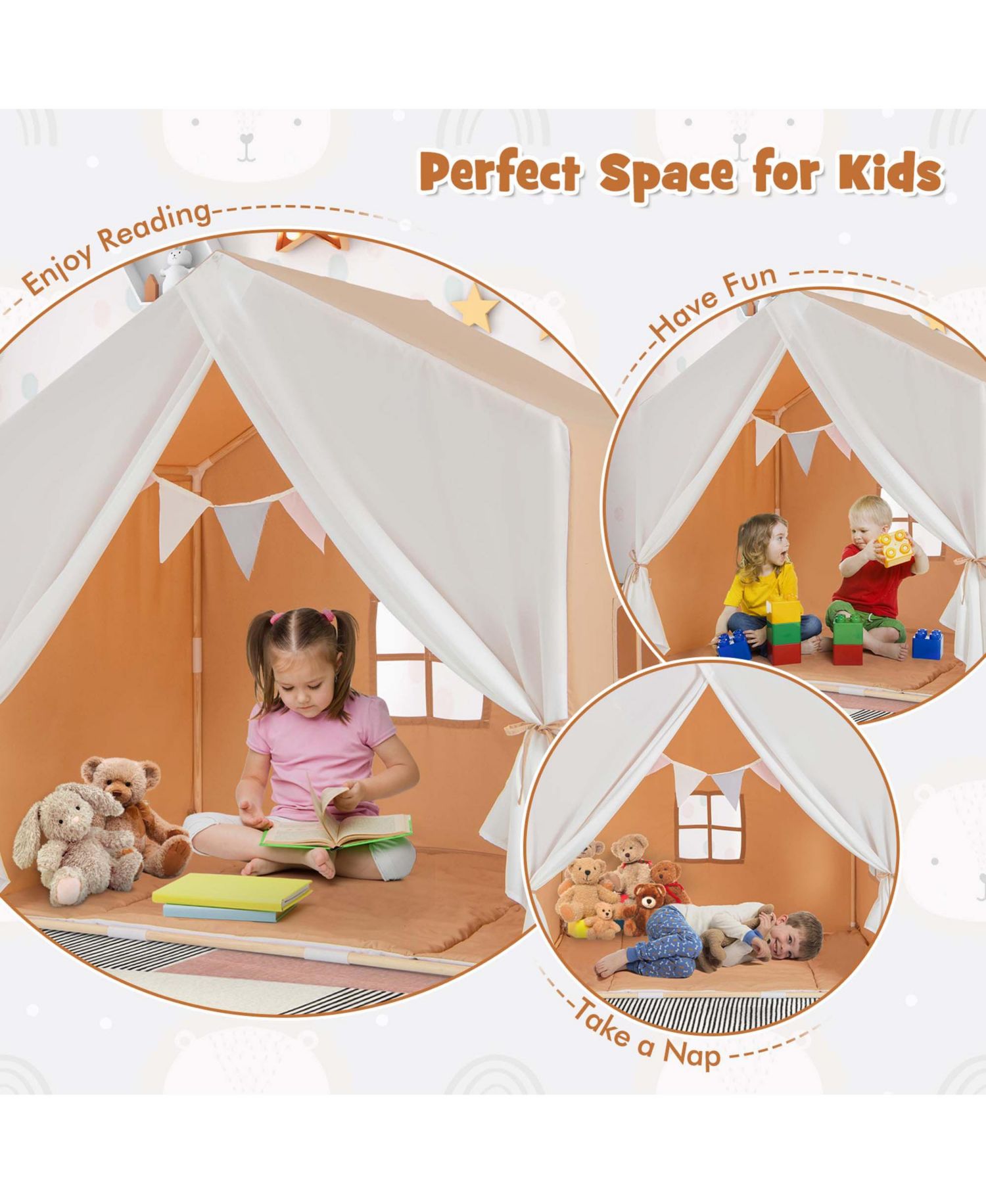 Kids' Castle Play Tent with Solid-Wood Frame and Washable Mat