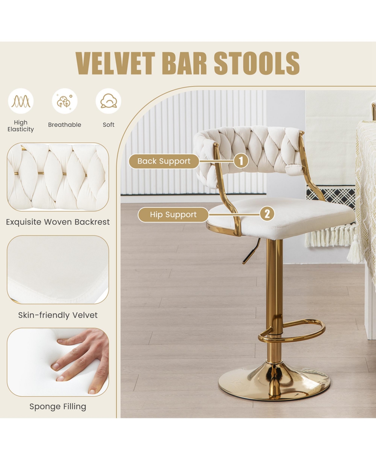 Swivel Velvet Bar Stools Set of 2 Upholstered Adjustable with Woven Backrest