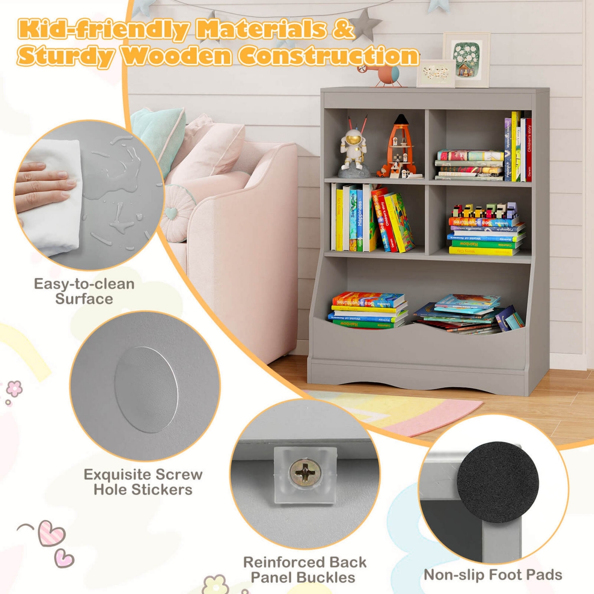 Costway 3-Tier Children's Multi-Functional Bookcase Toy Storage Bin Floor Cabinet