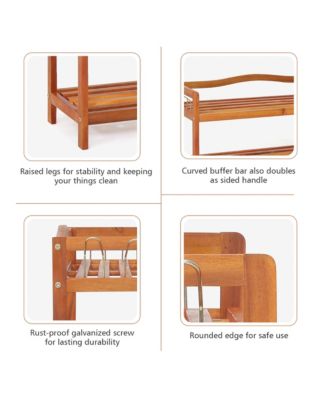 3-Tier Wood Shoe Rack Solid Acacia Wood Shoe Shelf with Side Metal Hooks
