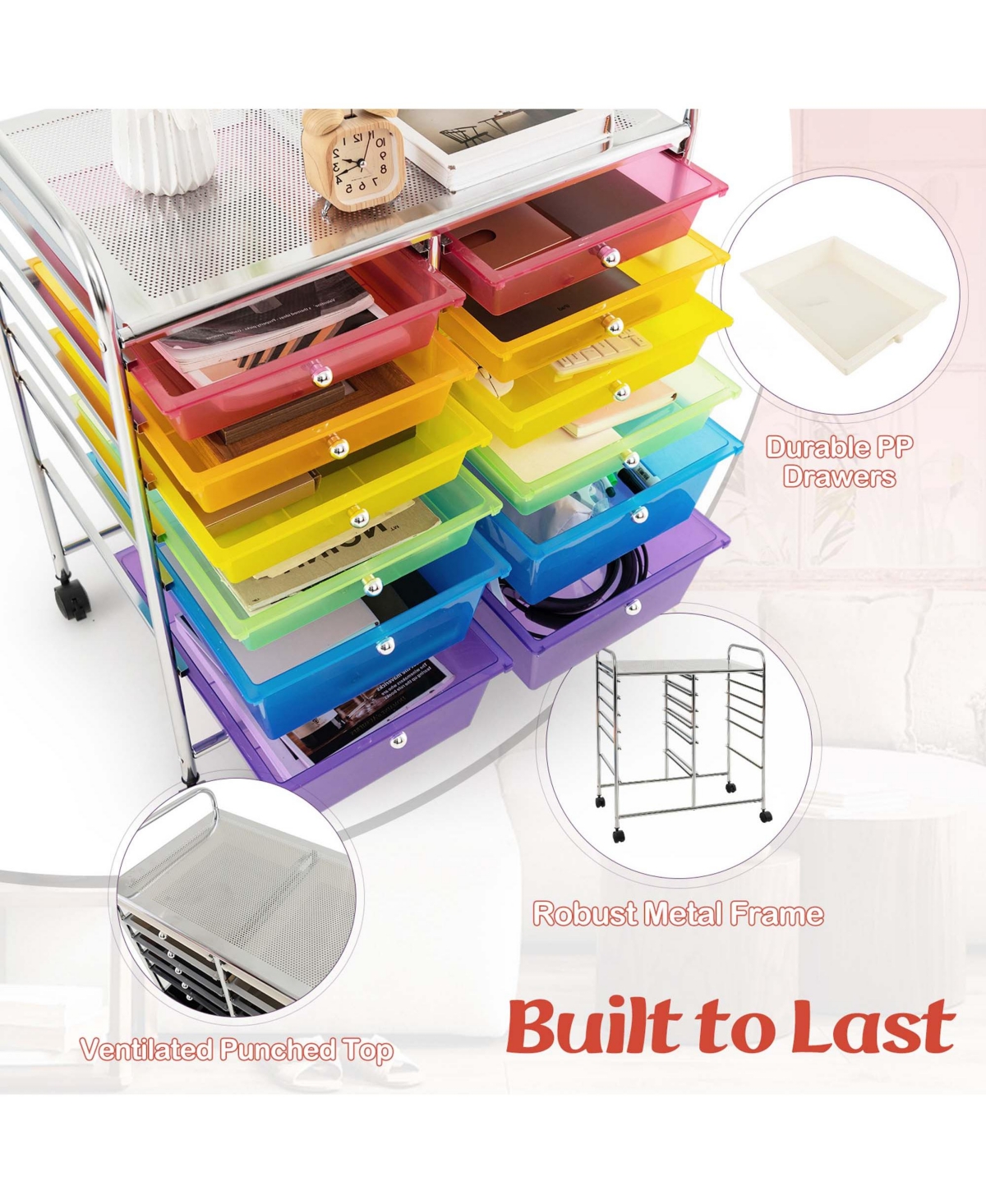 Costway 12-Drawer Rolling Storage Cart Organizer Cart with 2 Sizes Plastic Drawers - Assorted pre-pack