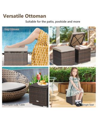 2PCS Patio Rattan Ottomans Seat Side Table Storage Box Footstool with Cushion