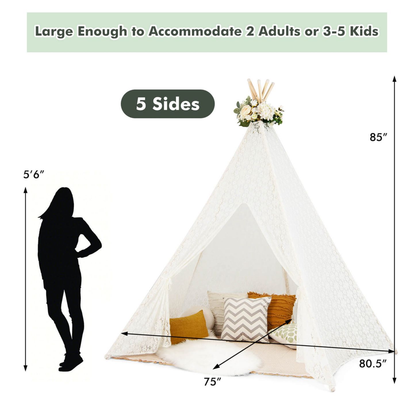 Детская игрушка Costway 5-Sided Lace Play Tent With Light Strings, Ages 3+, цвет: Белый — фото 9