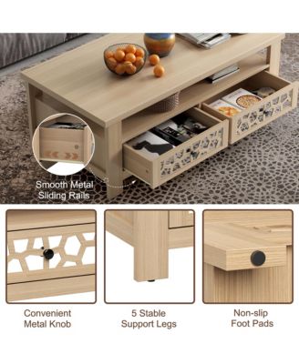 Coffee Table with2 Drawers & Open Shelf Modern Rectangular Wood