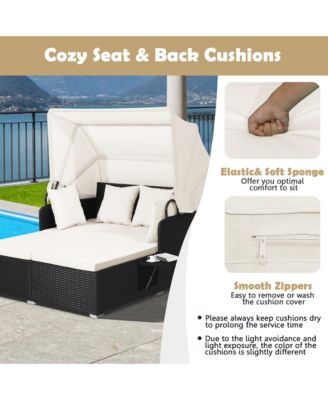 Patio Rattan Daybed Lounge Retractable Top Canopy Side Tables Cushions