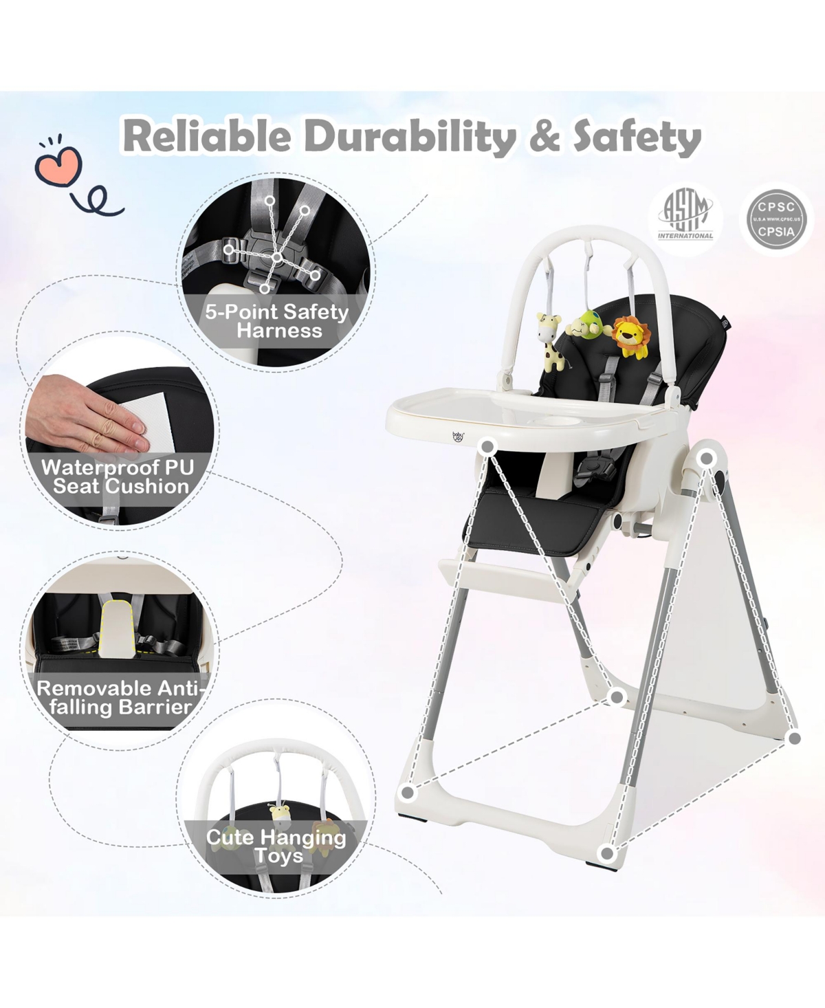 Costway Toddler Foldable High Chair with 7 Adjustable Heights & Free Toys Bar for Fun