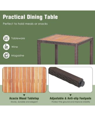 3PCS Patio Wicker Dining Set Acacia Wood Table Top with Cushioned Chairs Garden