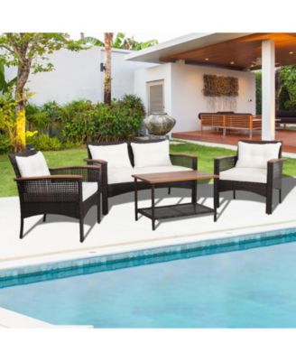4PCS Rattan Patio Furniture Set Acacia Wood Outdoor Conversation Set w/ Cushions