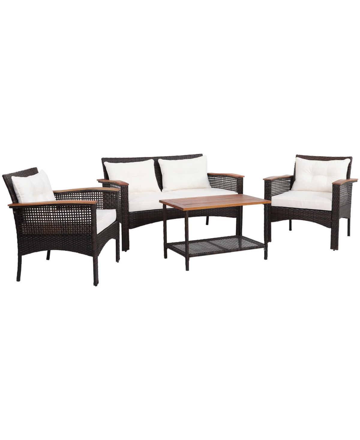 Gymax 4PCS Rattan Patio Furniture Set Acacia Wood Outdoor Conversation Set w/ Cushions - White+brown