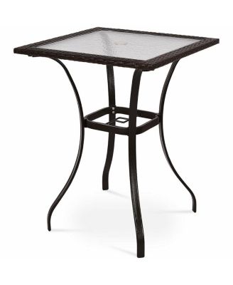 Outdoor Patio Rattan Wicker Bar Square Table Glass Top Yard