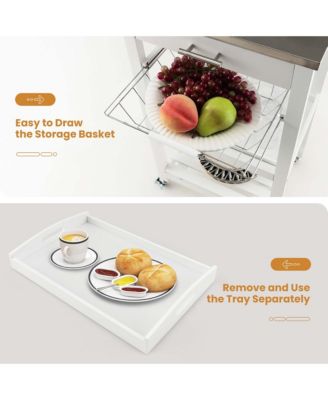 Stainless Steel Top Compact Rolling Kitchen Cart with Basket and Storage