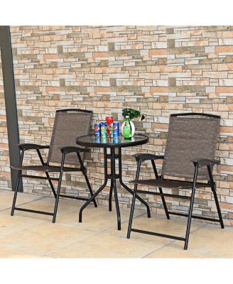3PC Bistro Patio Garden Furniture Set 2 Folding Chairs Glass Table Top Steel