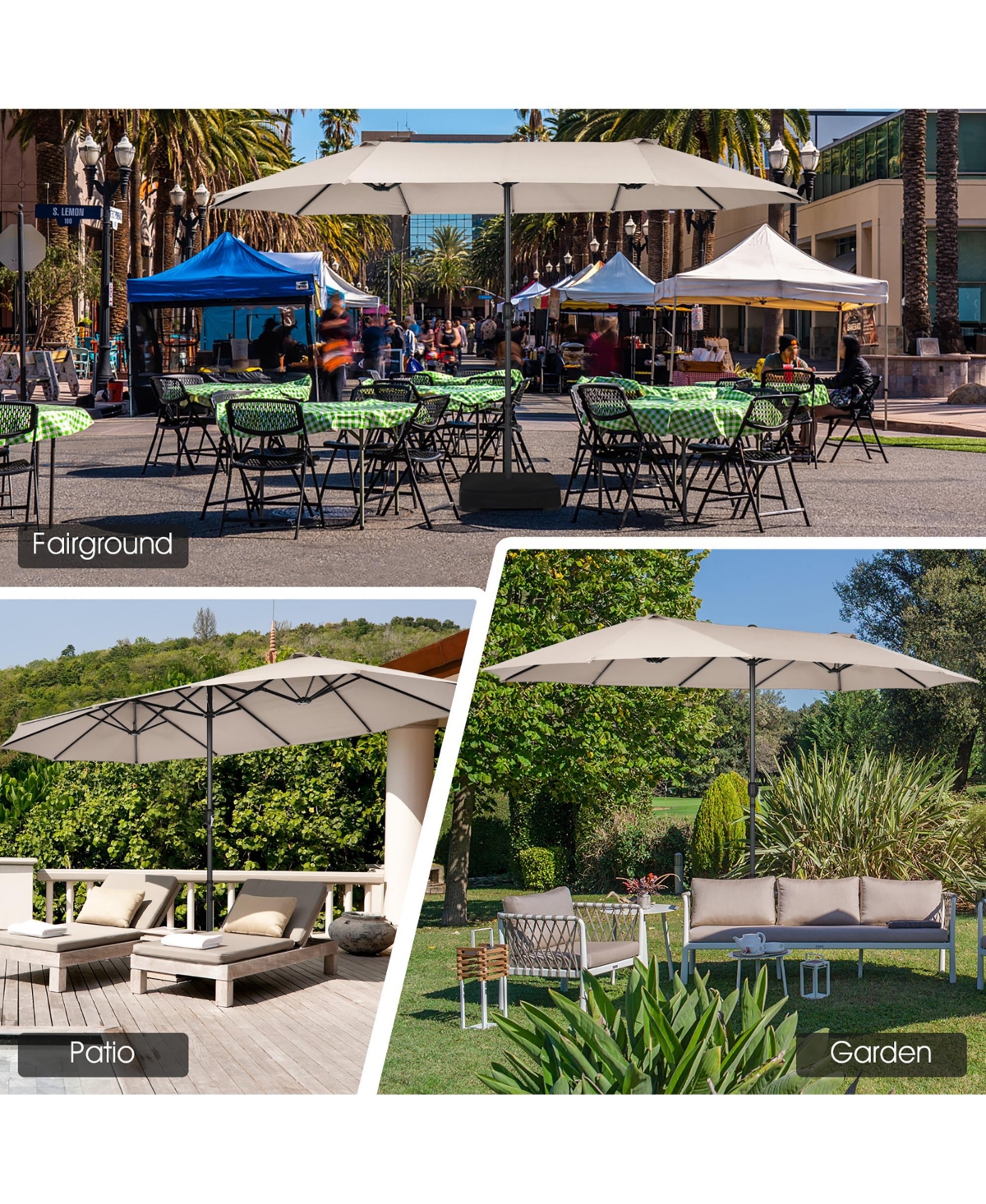 15FT Double-Sided Twin Patio Umbrella Sun Shade Outdoor Crank Market Base