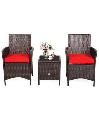 3PCS Patio Rattan Furniture Set Cushioned Sofa Glass Tabletop Deck