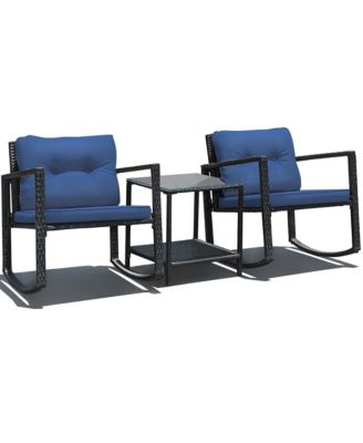 3PC Patio Rattan Conversation Set Rocking Chair Cushioned