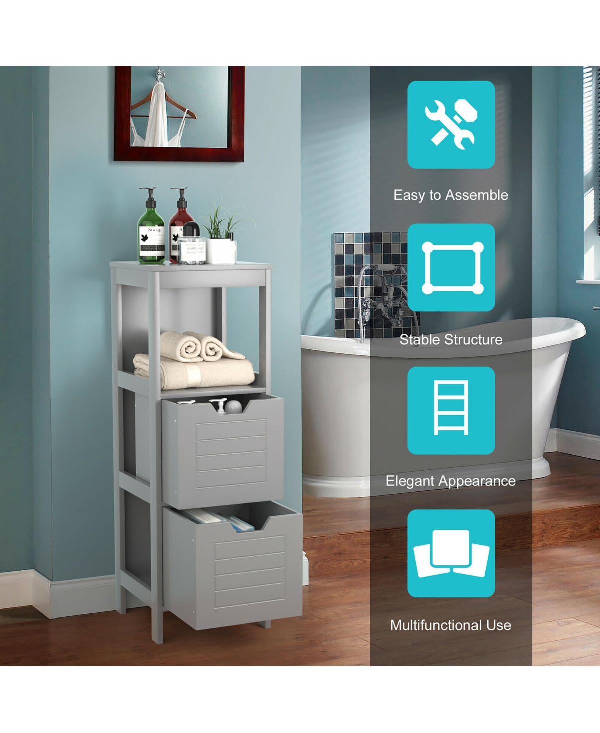Costway Bathroom Wooden Floor Cabinet Multifunction Storage Rack Stand Organizer