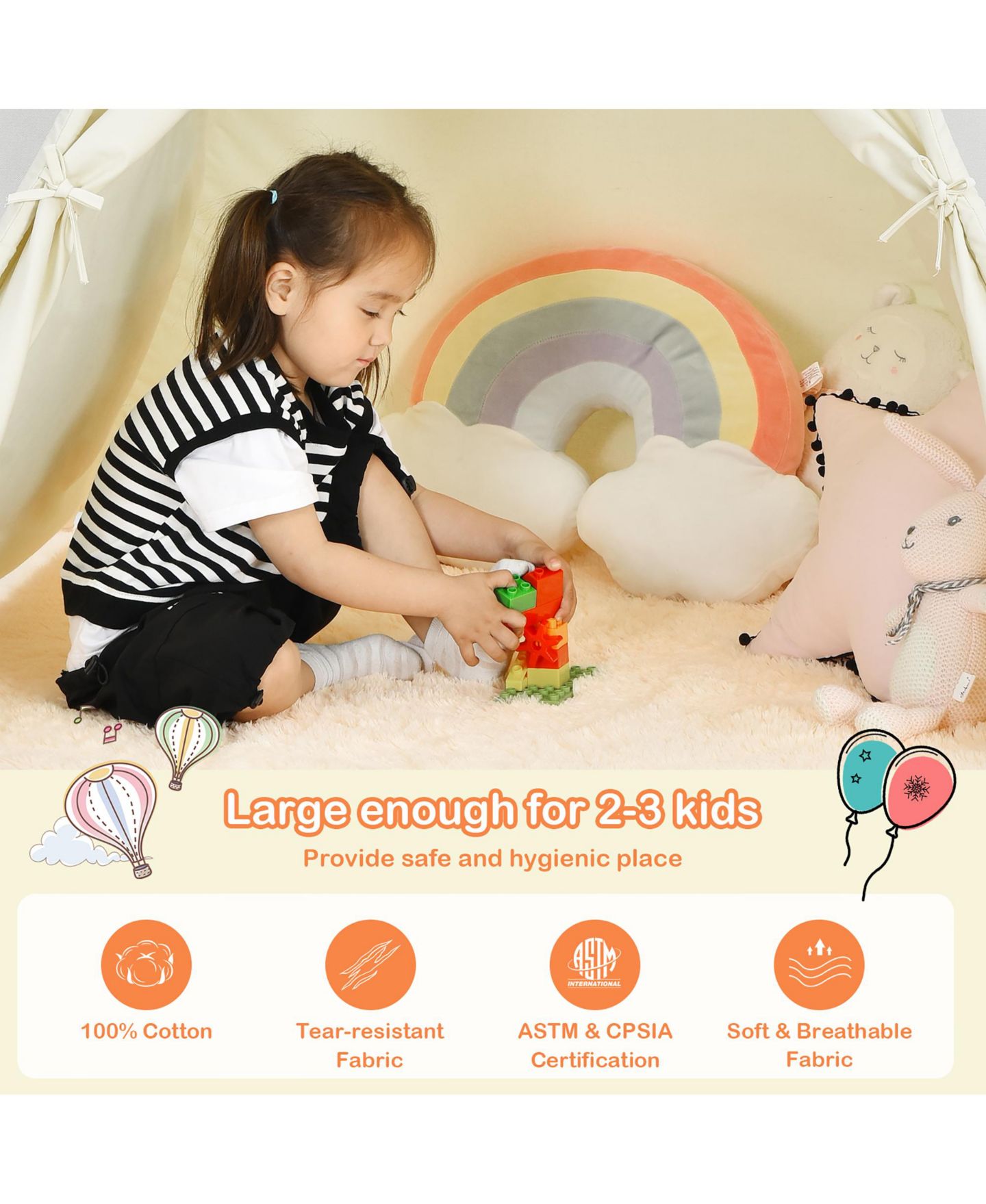 Детская игрушка Costway Foldable Canvas Play Tent, 1-Piece, Ages 3+, цвет: Бежевый — фото 3