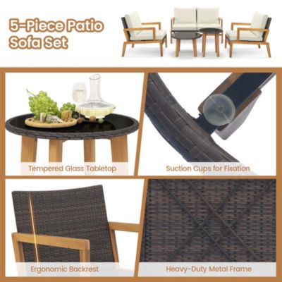 5 Piece Rattan Furniture Set Wicker Woven Sofa Set with Solid Acacia Wood Frame