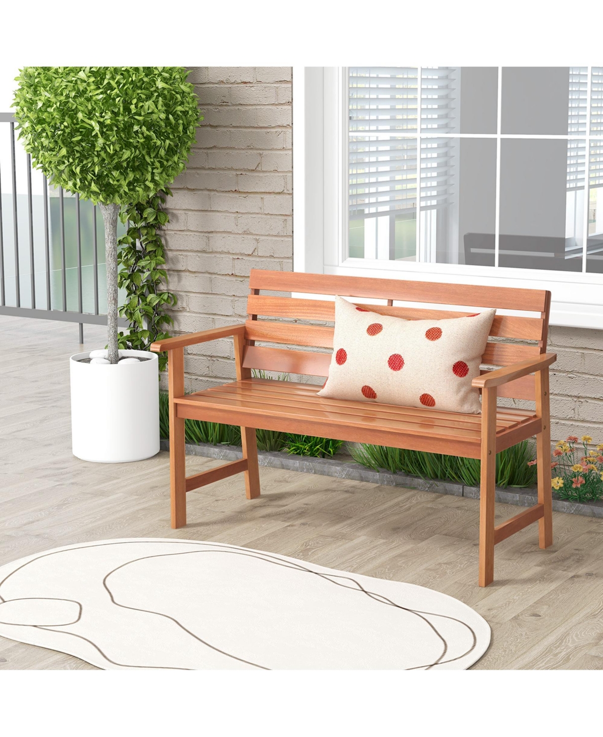 Costway Patio Solid Wood Bench Wood 2-Seat Chair with Slatted Seat & Inclined Backrest