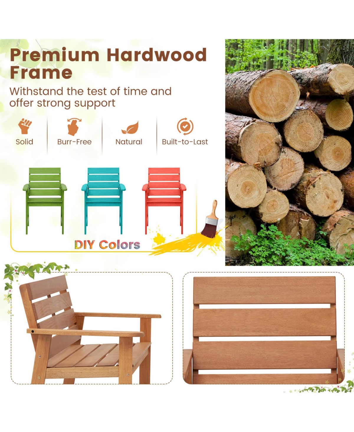 Costway 2 Pcs Patio Hardwood Chair Wood Dining Armchairs Breathable Slatted Seat Garden