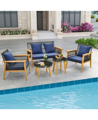 5PCS Outdoor Rattan Woven Conversation Set Stable Acacia Wood Frame for Backyard