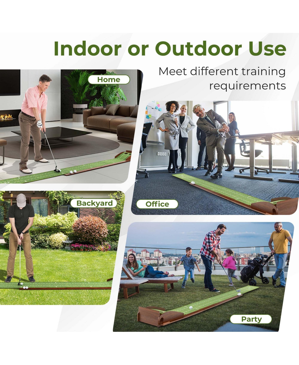 Costway PuttingPractice Golf Putting Mat with Auto Ball Return and 3 Hole Sizes - Green