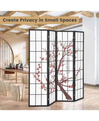 4-Panel Japanese Style Folding Room Divider with Elegant Plum Blossom Design Indoor