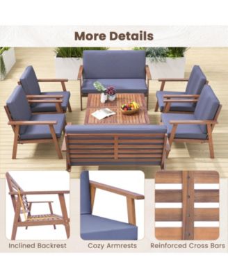 8 PCS Patio Conversation Set Acacia Wood Sofa Coffee Table with Cushioned Seat