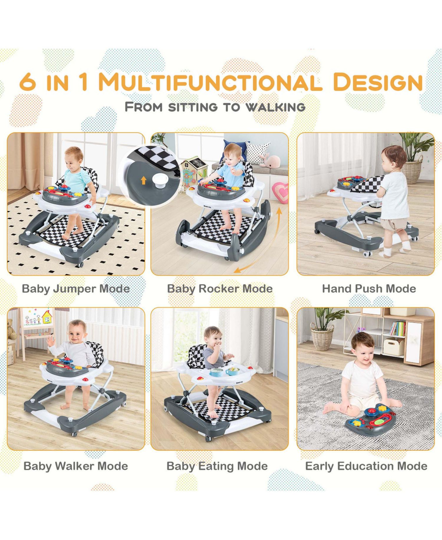 6 in 1 Baby Walker Adjustable Toddler Activity Center with Music Tray