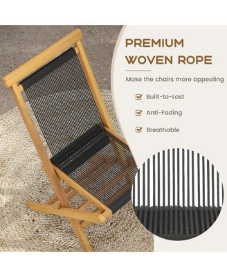 2 PCS Patio Folding Chairs with Woven Rope Seat & Back Solid Teak Wood for Porch