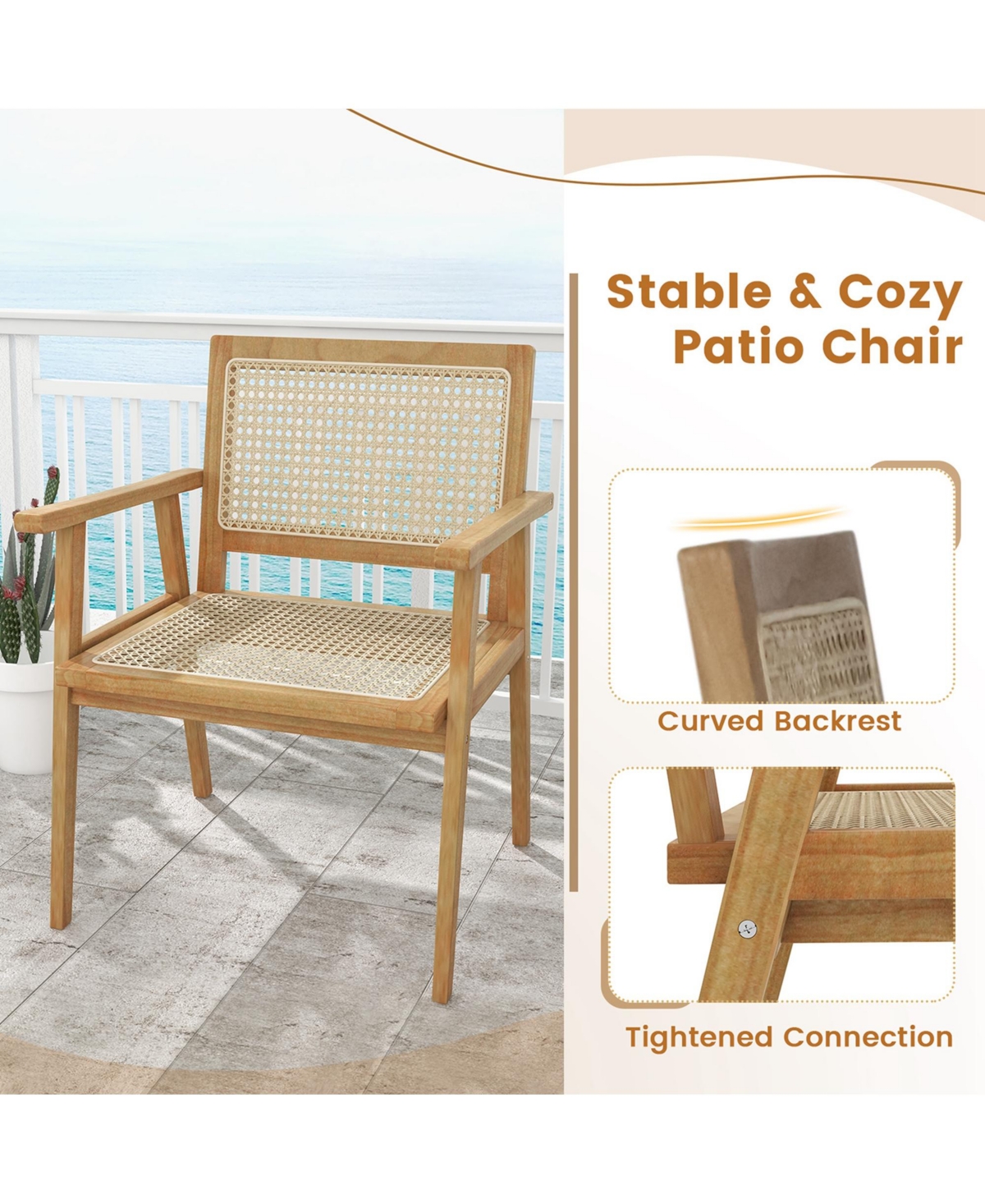 Costway 2 Pcs Outdoor Wood Chair Teak Wood Armchair with Rattan Seat & Back Patio Chair for Porch