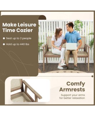 Teak Wood Garden Bench 2-Person Bench with Armrests, Rattan Backrest & Seat