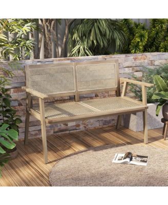 Teak Wood Garden Bench 2-Person Bench with Armrests, Rattan Backrest & Seat