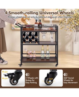 3-tier Bar Cart on Wheels Home Kitchen Serving Cart with Wine Rack & Glass Holder