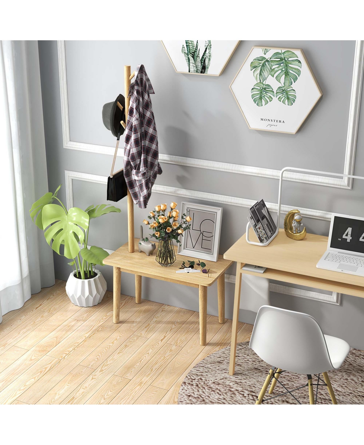 Costway End Table with Coat Rack 2-in-1 Side Table 3 Hooks for Hats Bags Coats Freestanding