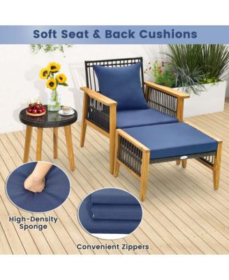 5 Pcs Patio Acacia Wood Wicker Woven Furniture Set with Coffee Table & 2 Ottomans