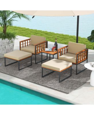 5 PCS Acacia Wood Patio Furniture Set with Ottomans Soft Cushions & Coffee Table