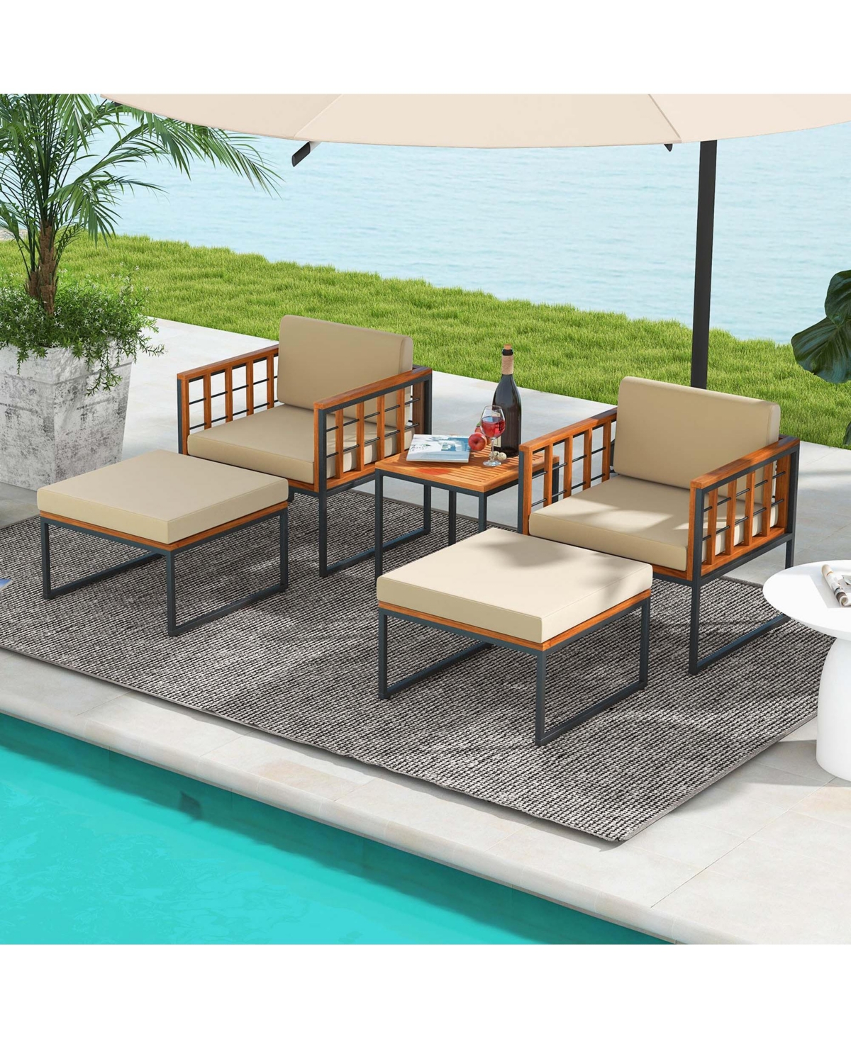 Costway 5 Pcs Acacia Wood Patio Furniture Set with Ottomans Soft Cushions & Coffee Table -khaki