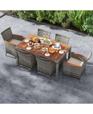 7 Pieces Outdoor Wicker Dining Set with Acacia Wood Table and 6 Armchairs