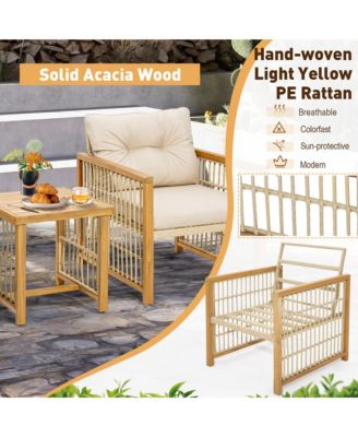 3PCS Patio PE Wicker Conversation Set Acacia Wood Frame
