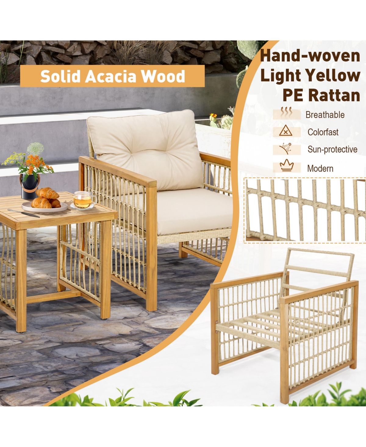 Costway 3PCS Patio Pe Wicker Conversation Set Acacia Wood Frame