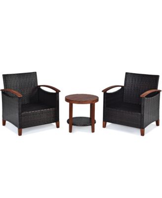 3PCS Patio Wicker Sofa Set Acacia Wood Frame