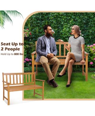 Patio Acacia Wood Bench 2-Person Slatted Seat Backrest