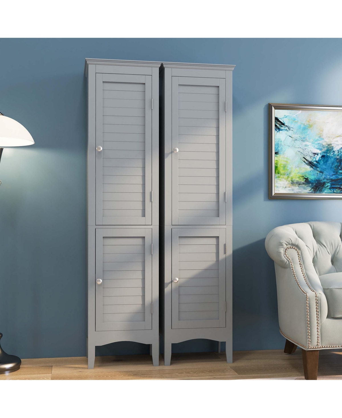 Tall Bathroom Floor Cabinet Narrow Linen Tower with 2 Doors & Adjustable Shelf
