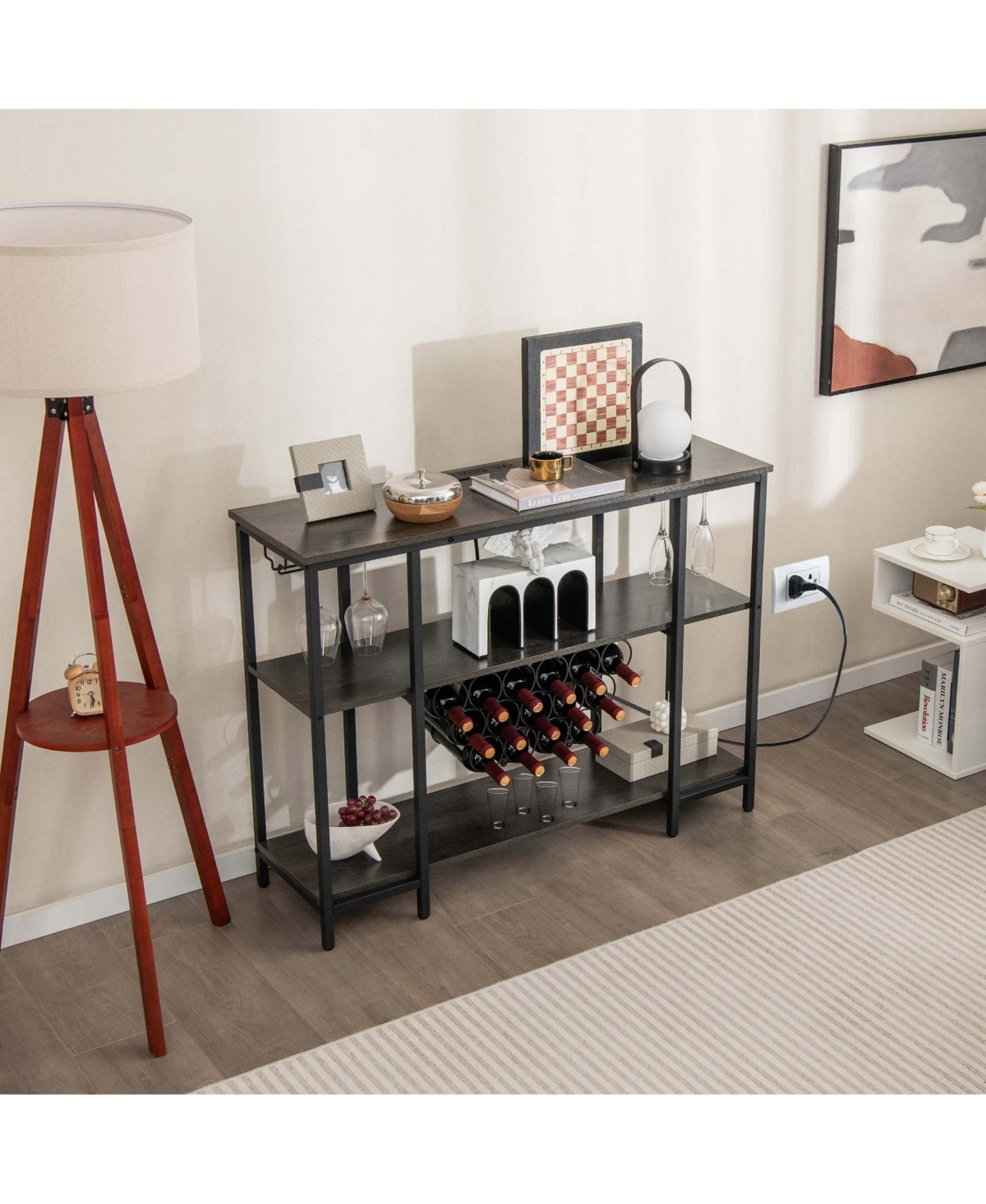 Costway Cabinet Bar Table Rack Table for Drinks Glasses with Power Outlets