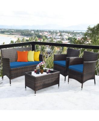 4PCS Rattan Patio Furniture Set Cushioned Sofa Chair Coffee Table